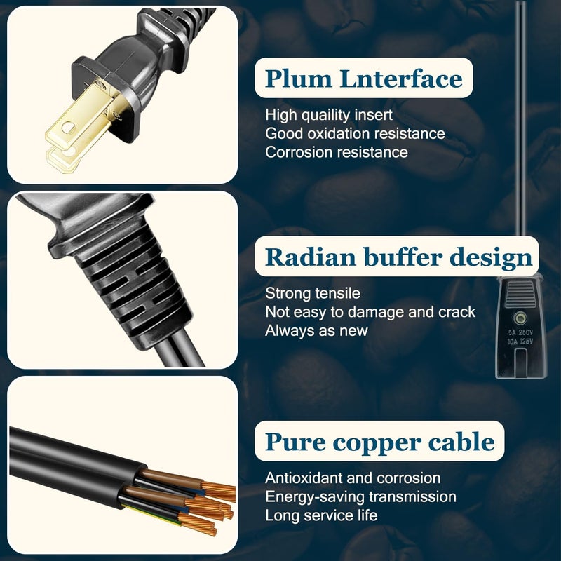 HASMX 6ft Power Cord for Presto 2822 02822 02811 0281102 Percolator Electric Cord 2 Pin 1/2 Inch Spacing Also Fits Many Rice Cookers and Other Small Appliances - Image 4
